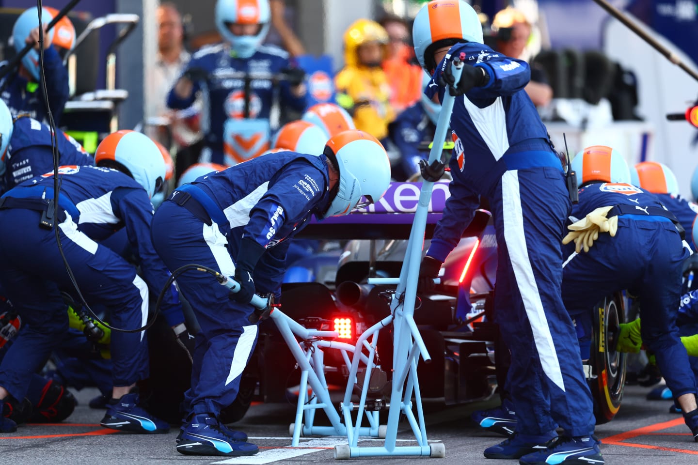 MONTE-CARLO, MONACO - MAY 26: Logan Sargeant of United States driving the (2) Williams FW46 Mercedes makes a pitstop during the F1 Grand Prix of Monaco at Circuit de Monaco on May 26, 2024 in Monte-Carlo, Monaco. (Photo by Bryn Lennon - Formula 1/Formula 1 via Getty Images)