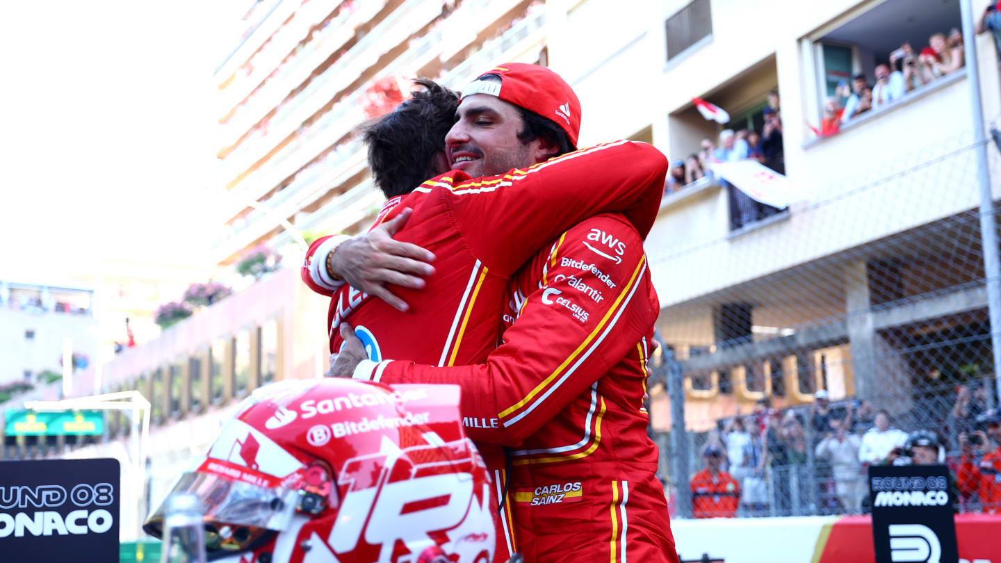MONTE-CARLO, MONACO - MAY 26: Race winner Charles Leclerc of Monaco and Ferrari and Third placed Carlos Sainz of Spain and Ferrari celebrate in parc ferme during the F1 Grand Prix of Monaco at Circuit de Monaco on May 26, 2024 in Monte-Carlo, Monaco. (Photo by Bryn Lennon - Formula 1/Formula 1 via Getty Images)
