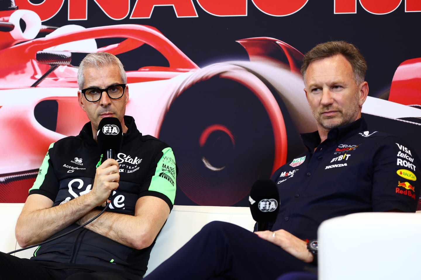 MONTE-CARLO, MONACO - MAY 24: Alessandro Alunni Bravi, Team Representative of Stake F1 Team Kick Sauber and Oracle Red Bull Racing Team Principal Christian Horner attend the Team Principals Press Conference during practice ahead of the F1 Grand Prix of Monaco at Circuit de Monaco on May 24, 2024 in Monte-Carlo, Monaco. (Photo by Clive Rose/Getty Images)