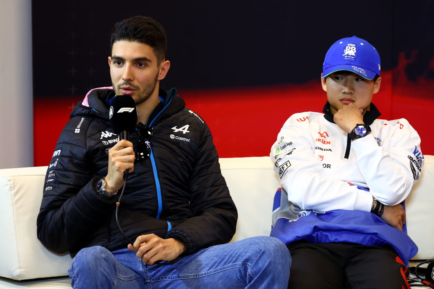 MONTE-CARLO, MONACO - MAY 23: Esteban Ocon of France and Alpine F1 and Yuki Tsunoda of Japan and Visa Cash App RB attend the Drivers Press Conference during previews ahead of the F1 Grand Prix of Monaco at Circuit de Monaco on May 23, 2024 in Monte-Carlo, Monaco. (Photo by Clive Rose/Getty Images)
