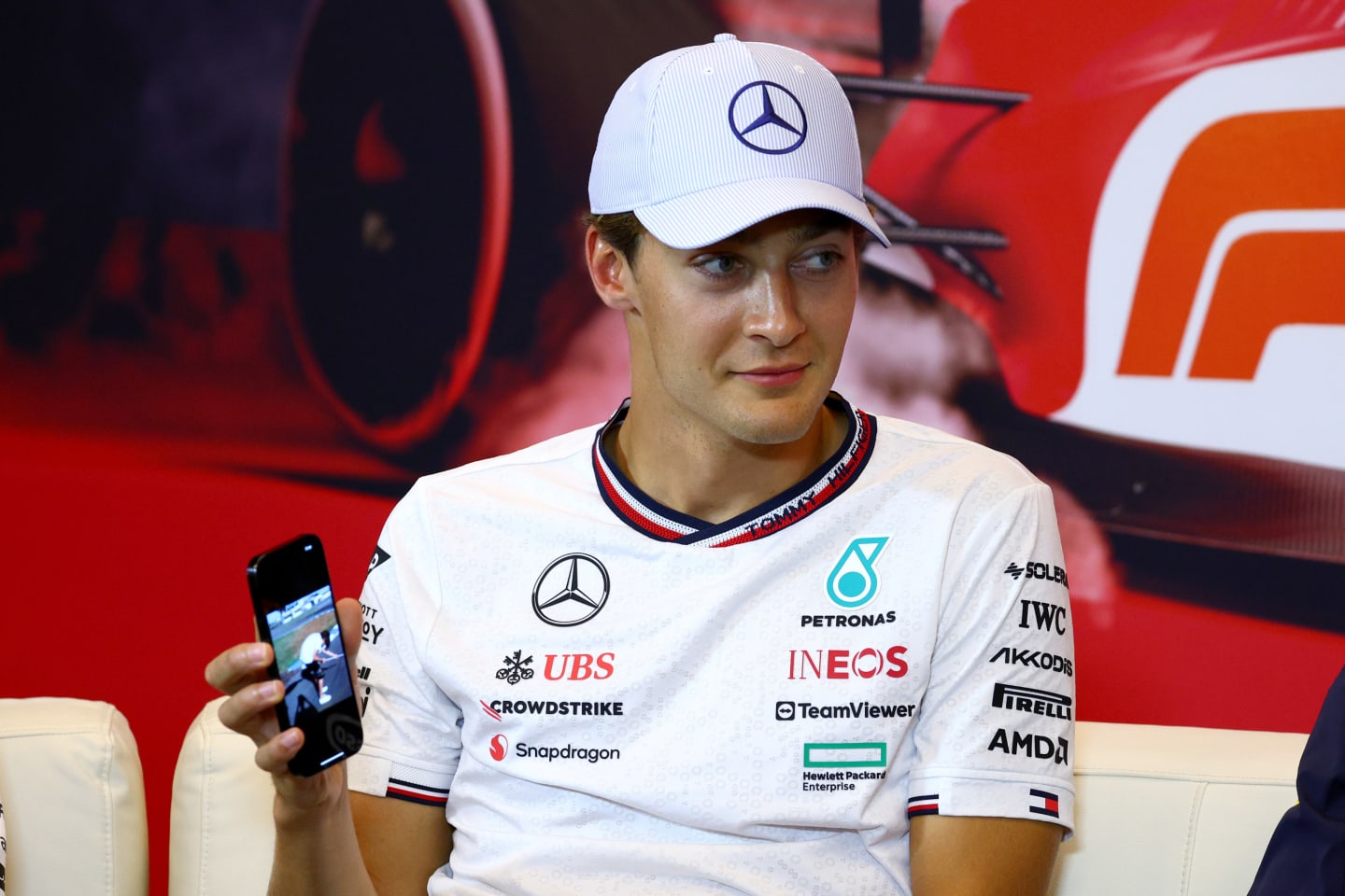 MONTE-CARLO, MONACO - MAY 23: George Russell of Great Britain and Mercedes attends the Drivers Press Conference during previews ahead of the F1 Grand Prix of Monaco at Circuit de Monaco on May 23, 2024 in Monte-Carlo, Monaco. (Photo by Clive Rose/Getty Images)