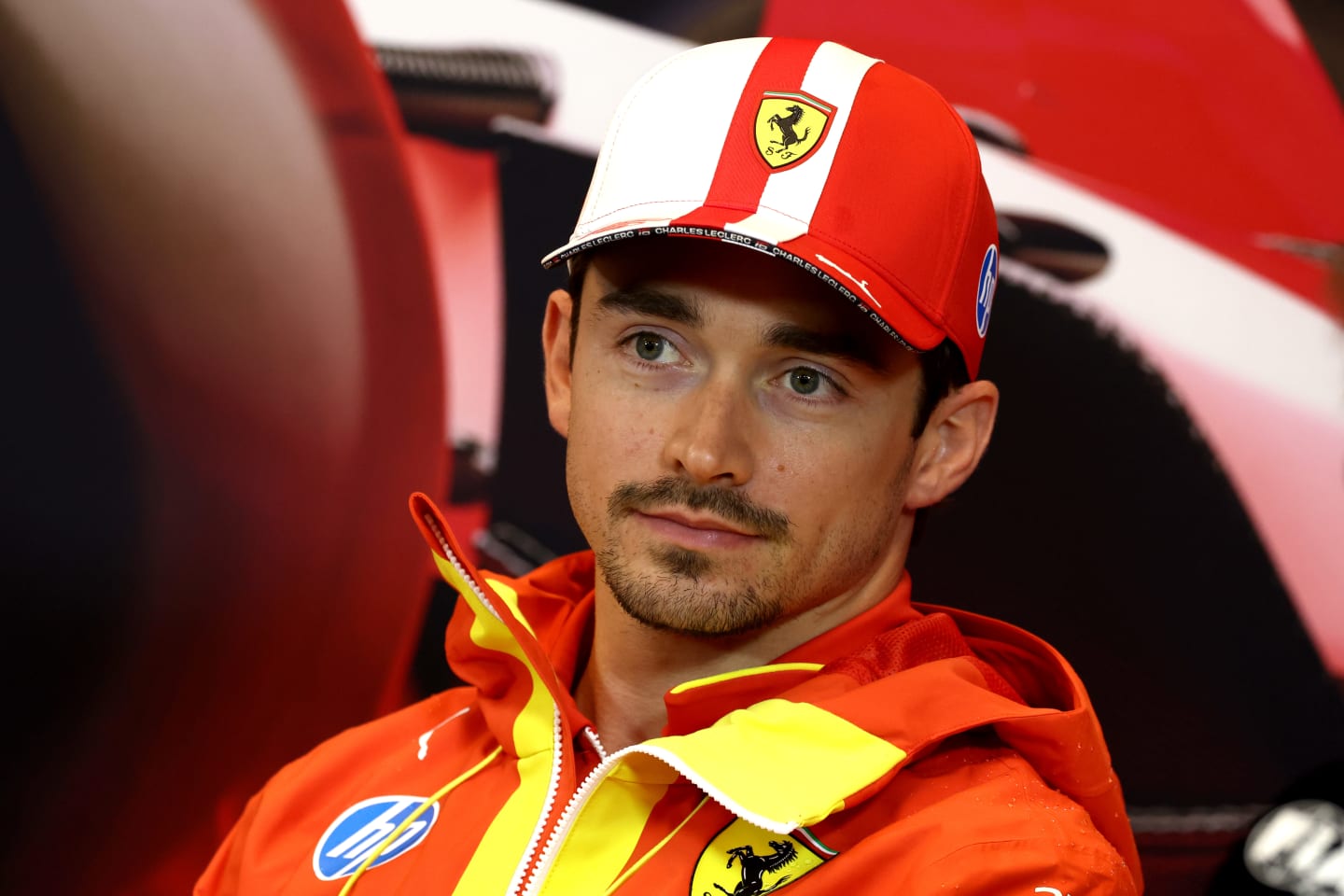 MONTE-CARLO, MONACO - MAY 23: Charles Leclerc of Monaco and Ferrari attends the Drivers Press Conference during previews ahead of the F1 Grand Prix of Monaco at Circuit de Monaco on May 23, 2024 in Monte-Carlo, Monaco. (Photo by Clive Rose/Getty Images)