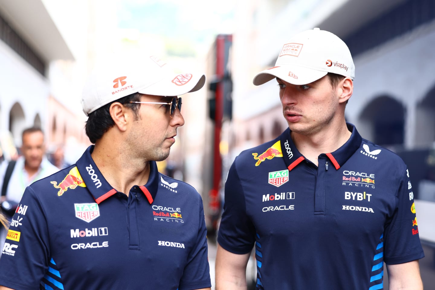 MONTE-CARLO, MONACO - MAY 25: Sergio Perez of Mexico and Oracle Red Bull Racing and Max Verstappen