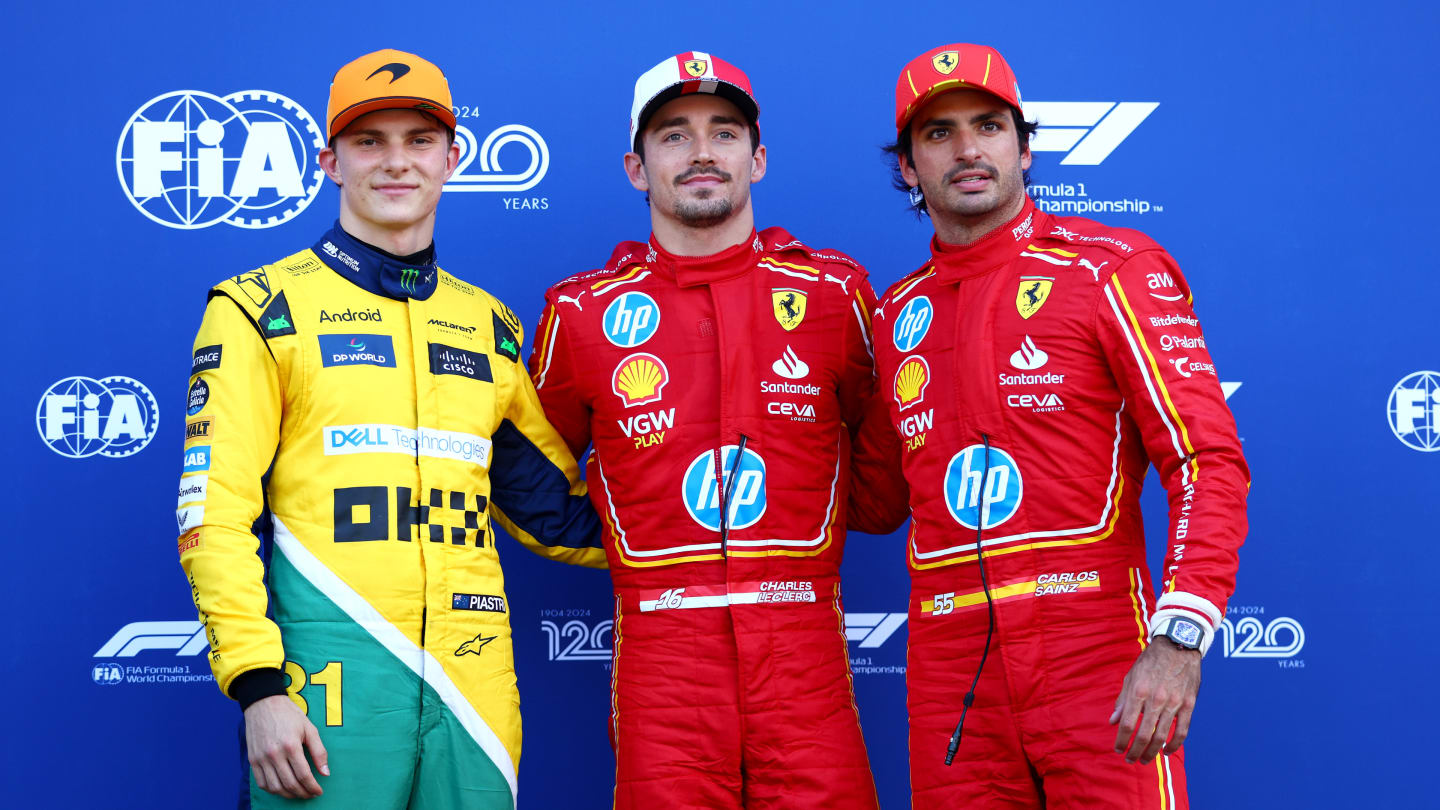 MONTE-CARLO, MONACO - MAY 25: Pole position qualifier Charles Leclerc of Monaco and Ferrari, Second placed qualifier Oscar Piastri of Australia and McLaren and Third placed qualifier Carlos Sainz of Spain and Ferrari celebrate in parc ferme during qualifying ahead of the F1 Grand Prix of Monaco at Circuit de Monaco on May 25, 2024 in Monte-Carlo, Monaco. (Photo by Bryn Lennon - Formula 1/Formula 1 via Getty Images)