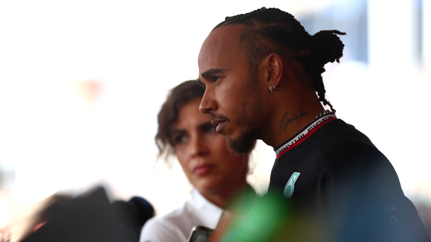 MONTE-CARLO, MONACO - MAY 25: 7th placed qualifier Lewis Hamilton of Great Britain and Mercedes talks to the media in the Paddock during qualifying ahead of the F1 Grand Prix of Monaco at Circuit de Monaco on May 25, 2024 in Monte-Carlo, Monaco. (Photo by Peter Fox - Formula 1/Formula 1 via Getty Images)