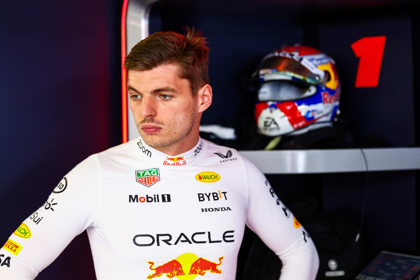 MONTE-CARLO, MONACO - MAY 25: Max Verstappen of the Netherlands and Oracle Red Bull Racing looks on in the garage during qualifying ahead of the F1 Grand Prix of Monaco at Circuit de Monaco on May 25, 2024 in Monte-Carlo, Monaco. (Photo by Mark Thompson/Getty Images)
