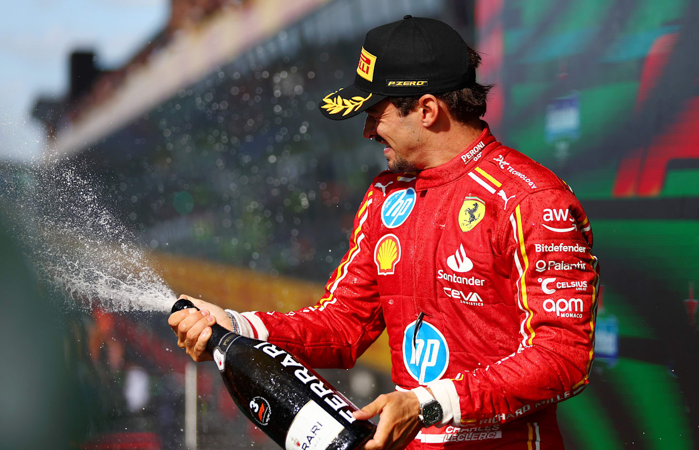 ZANDVOORT, NETHERLANDS - AUGUST 25: Third placed Charles Leclerc of Monaco driving the (16) Ferrari