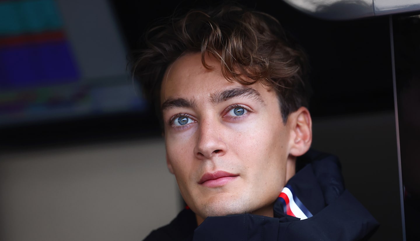 ZANDVOORT, NETHERLANDS - AUGUST 23: George Russell of Great Britain and Mercedes looks on in the garage during practice ahead of the F1 Grand Prix of Netherlands at Circuit Zandvoort. (Photo by Bryn Lennon - Formula 1/Formula 1 via Getty Images)