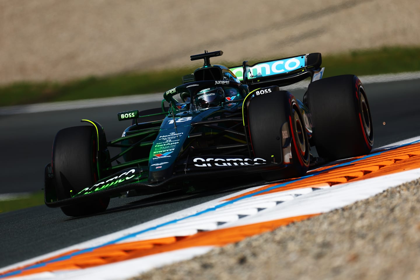 ZANDVOORT, NETHERLANDS - AUGUST 23: Lance Stroll of Canada driving the (18) Aston Martin AMR24 Mercedes on track during practice ahead of the F1 Grand Prix of Netherlands at Circuit Zandvoort on August 23, 2024 in Zandvoort, Netherlands. (Photo by Clive Rose/Getty Images)