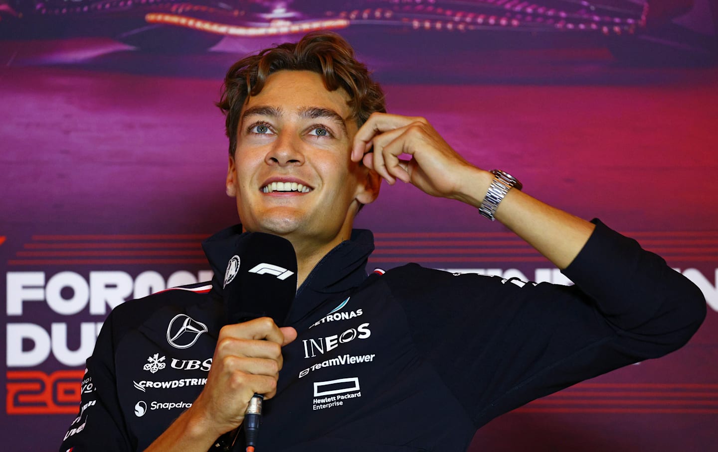 ZANDVOORT, NETHERLANDS - AUGUST 22: George Russell of Great Britain and Mercedes attends the Drivers Press Conference during previews ahead of the F1 Grand Prix of Netherlands at Circuit Zandvoort on August 22, 2024 in Zandvoort, Netherlands. (Photo by Clive Rose/Getty Images)