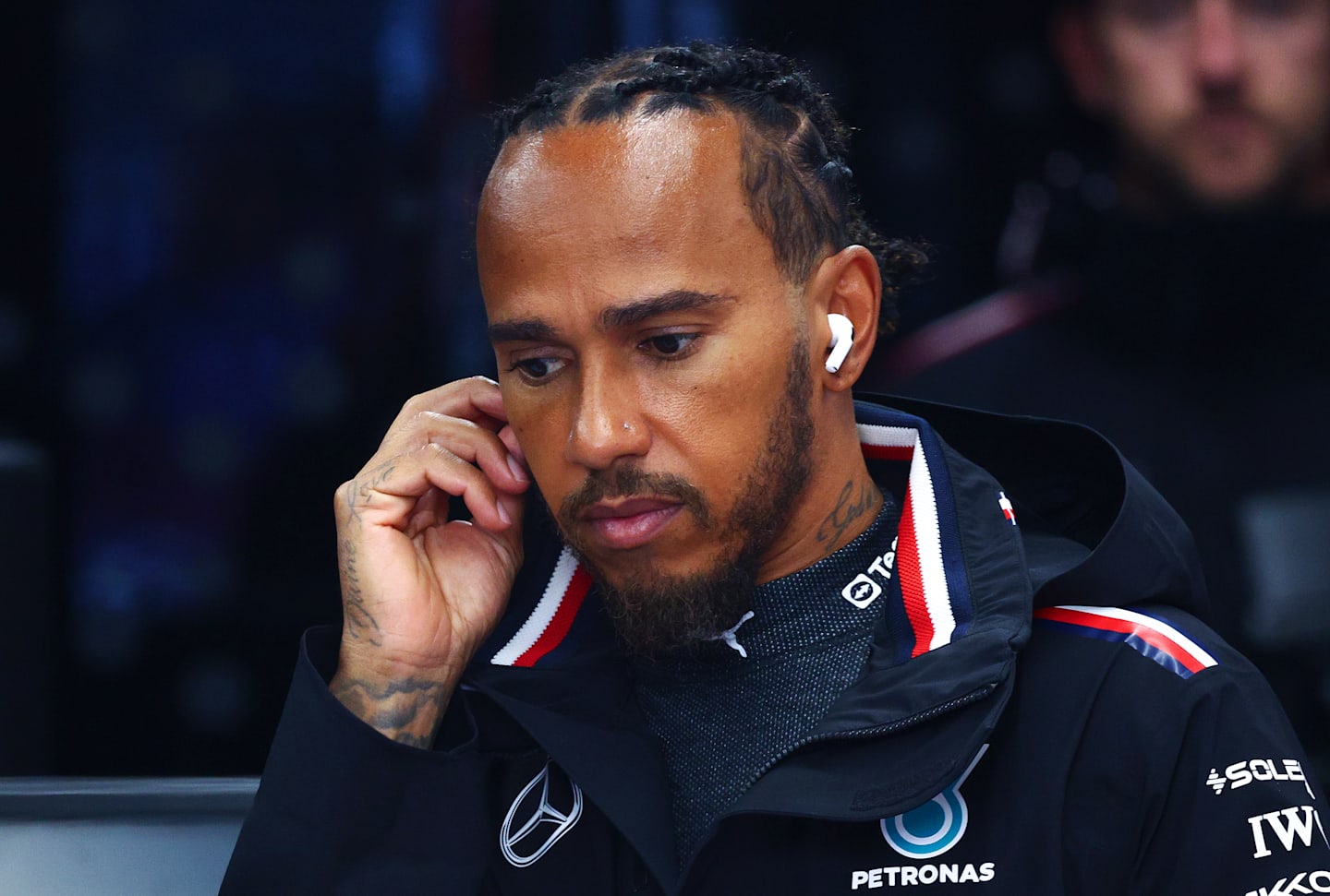 ZANDVOORT, NETHERLANDS - AUGUST 24: Lewis Hamilton of Great Britain and Mercedes in the garage