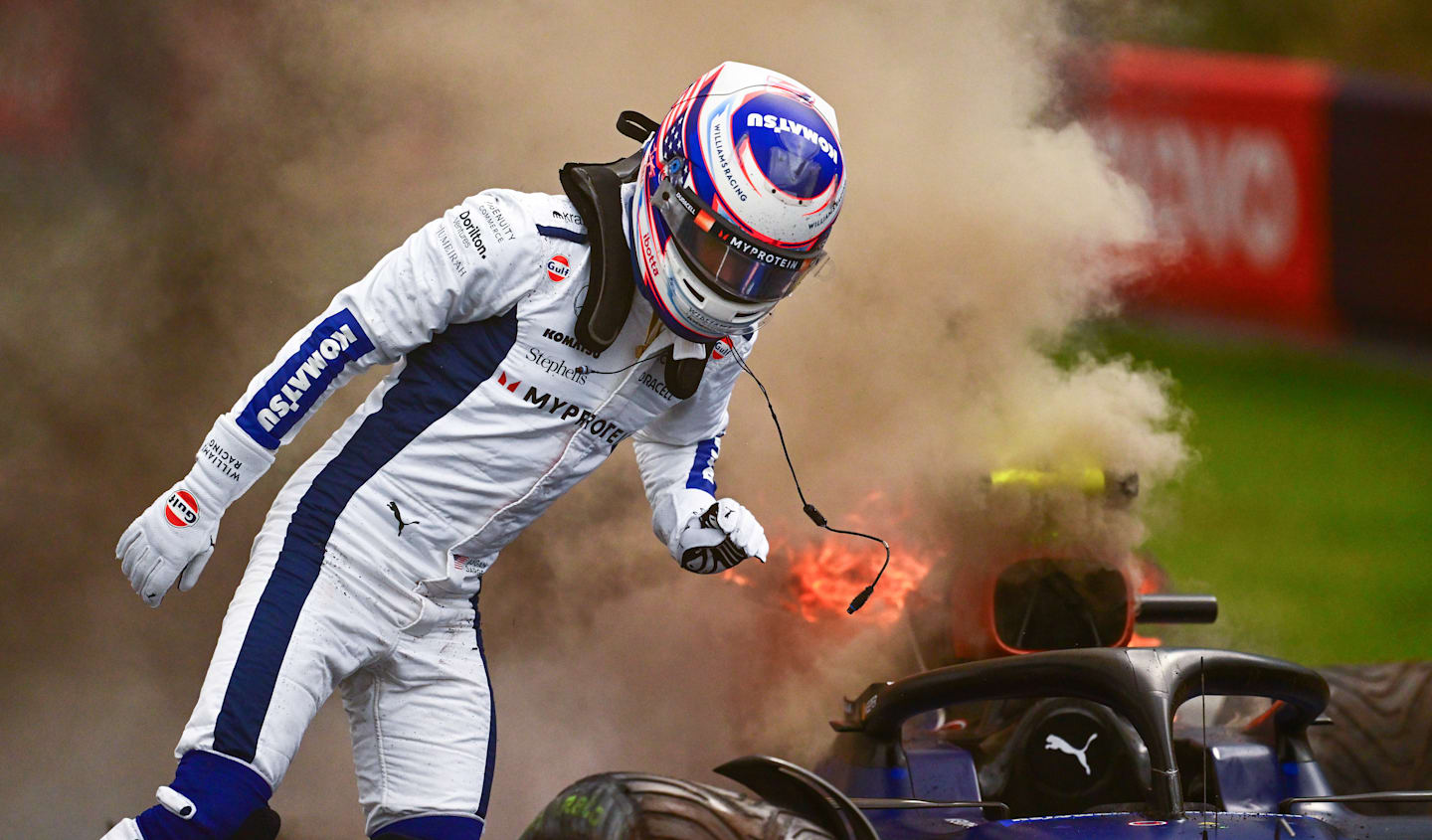 ZANDVOORT, NETHERLANDS - AUGUST 24: Logan Sargeant of United States and Williams climbs out of his car after crashing during final practice ahead of the F1 Grand Prix of Netherlands. (Photo by Mario Renzi - Formula 1/Formula 1 via Getty Images)