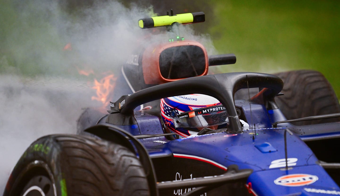 ZANDVOORT, NETHERLANDS - AUGUST 24: Logan Sargeant of United States crashes the (2) Williams FW46 Mercedes during final practice ahead of the F1 Grand Prix of Netherlands at Circuit Zandvoort on August 24, 2024 in Zandvoort, Netherlands. (Photo by Mario Renzi - Formula 1/Formula 1 via Getty Images)