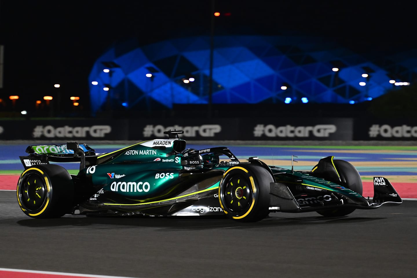 Lance Stroll driving the (18) Aston Martin AMR24 Mercedes on track during Sprint Qualifying at Lusail International Circuit on November 29, 2024 in Lusail City, Qatar. (Photo by Mark Sutton - Formula 1/Formula 1 via Getty Images)