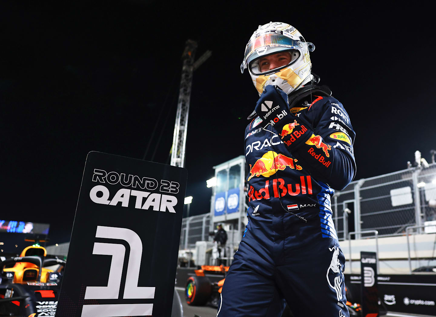 LUSAIL CITY, QATAR - NOVEMBER 30: Pole position qualifier Max Verstappen of the Netherlands and