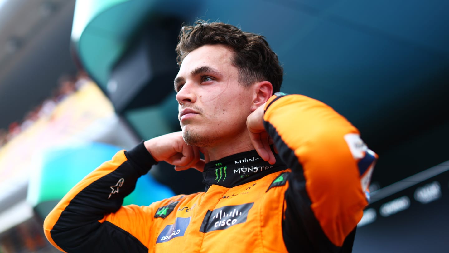 BARCELONA, SPAIN - JUNE 23: Second placed Lando Norris of Great Britain and McLaren looks on in parc ferme during the F1 Grand Prix of Spain at Circuit de Barcelona-Catalunya on June 23, 2024 in Barcelona, Spain. (Photo by Clive Rose - Formula 1/Formula 1 via Getty Images)