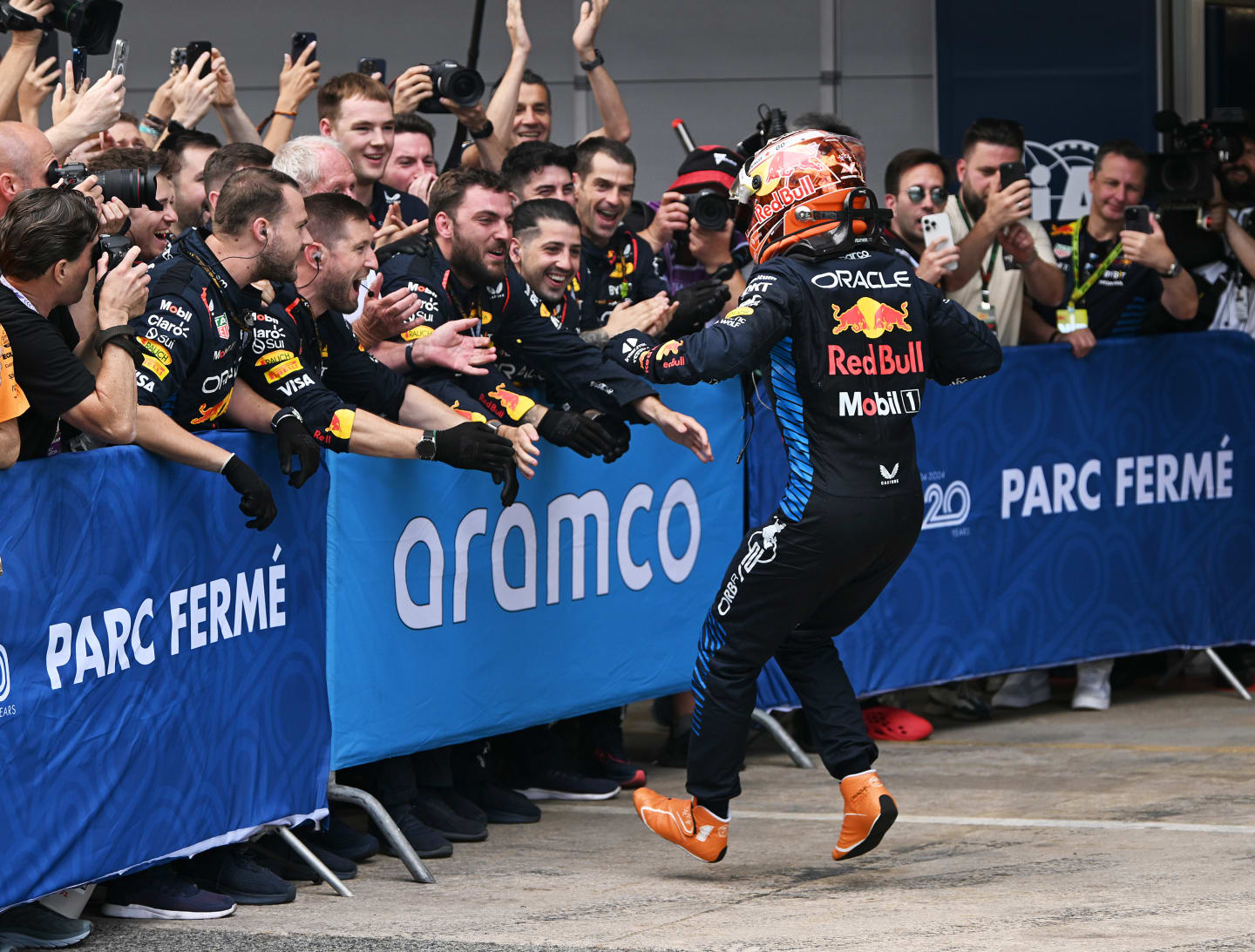 BARCELONA, SPAIN - JUNE 23: Race winner Max Verstappen of the Netherlands and Oracle Red Bull Racing celebrates in parc ferme during the F1 Grand Prix of Spain at Circuit de Barcelona-Catalunya on June 23, 2024 in Barcelona, Spain. (Photo by Mark Sutton - Formula 1/Formula 1 via Getty Images)