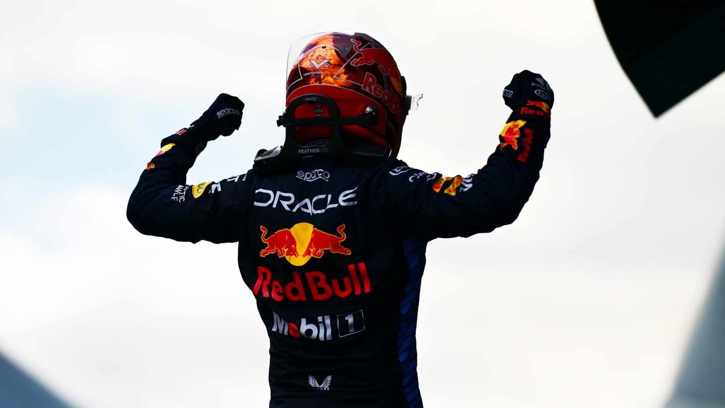 BARCELONA, SPAIN - JUNE 23: Race winner Max Verstappen of the Netherlands and Oracle Red Bull Racing celebrates in parc ferme during the F1 Grand Prix of Spain at Circuit de Barcelona-Catalunya on June 23, 2024 in Barcelona, Spain. (Photo by Mario Renzi - Formula 1/Formula 1 via Getty Images)