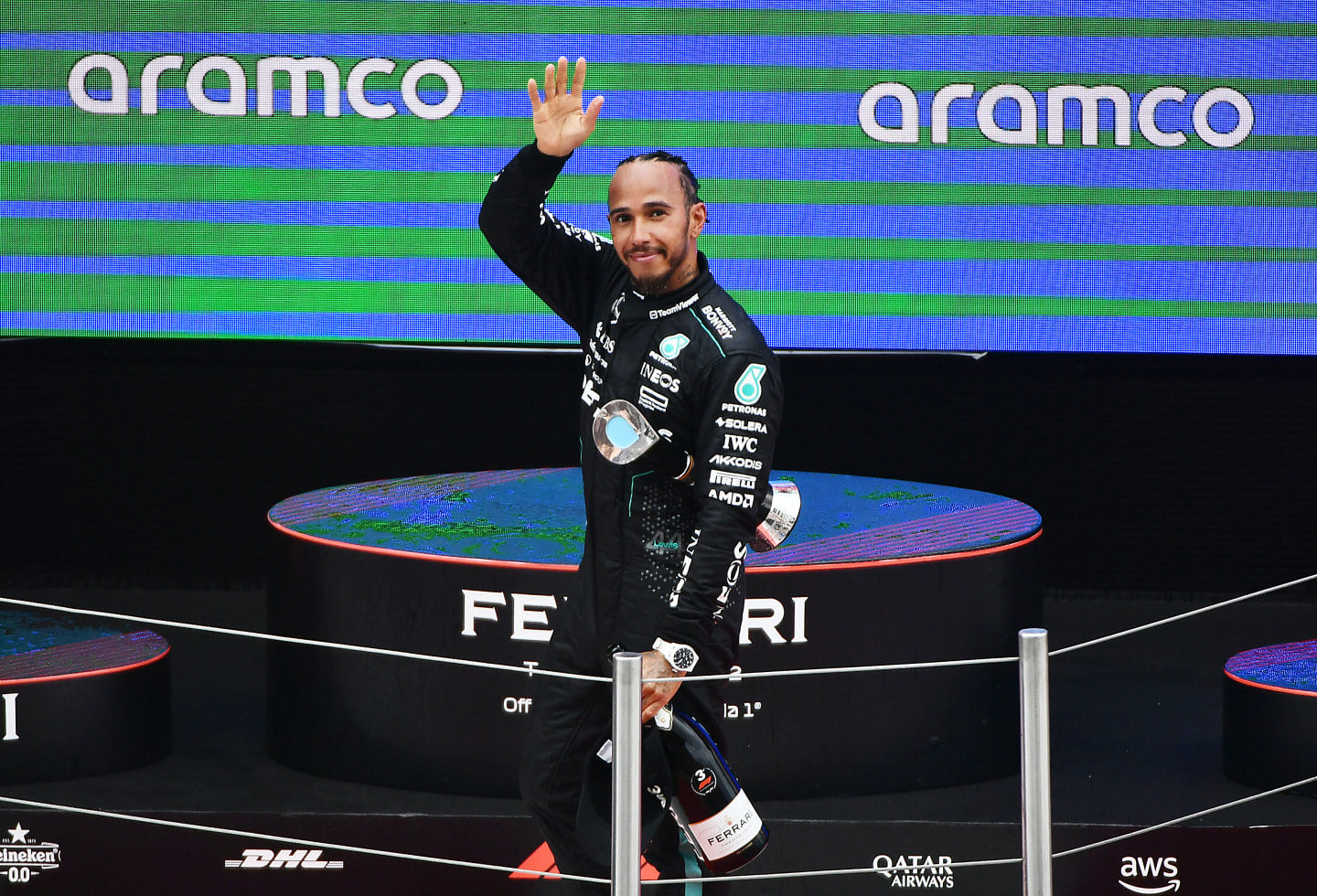 BARCELONA, SPAIN - JUNE 23: Third placed Lewis Hamilton of Great Britain and Mercedes celebrates on the podium during the F1 Grand Prix of Spain at Circuit de Barcelona-Catalunya on June 23, 2024 in Barcelona, Spain. (Photo by James Sutton - Formula 1/Formula 1 via Getty Images)