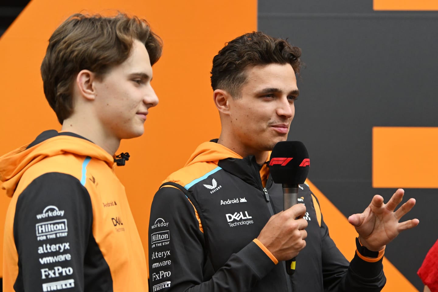 BARCELONA, SPAIN - JUNE 20: Lando Norris of Great Britain and McLaren talks to the media during