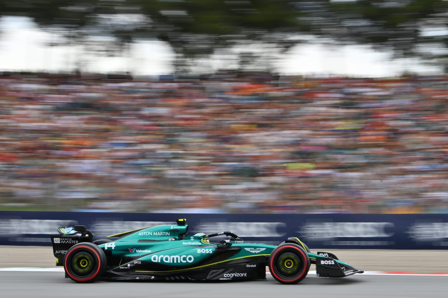 BARCELONA, SPAIN - JUNE 22: Fernando Alonso of Spain driving the (14) Aston Martin AMR24 Mercedes