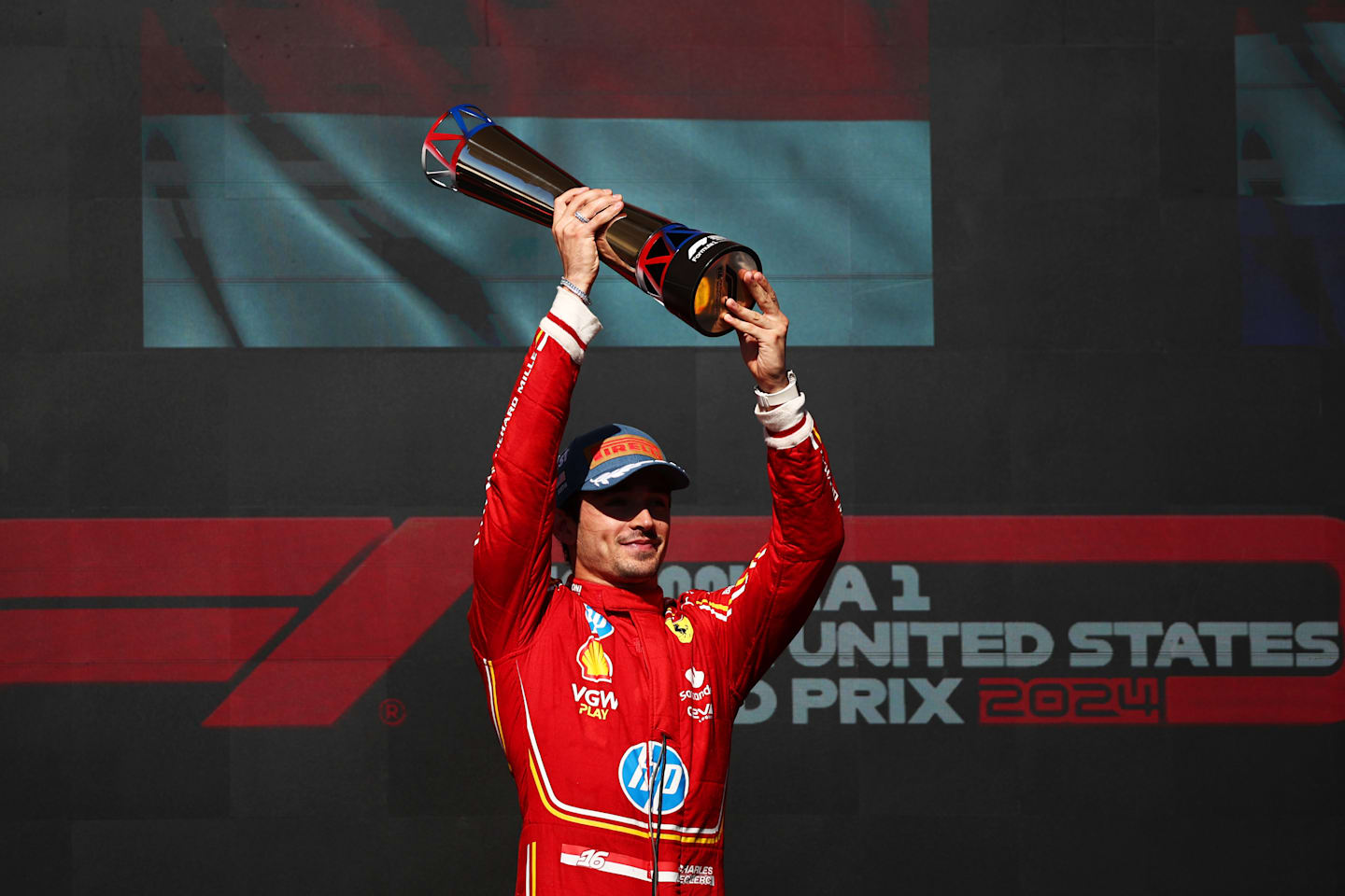 AUSTIN, TEXAS - OCTOBER 20: Race winner Charles Leclerc of Monaco and Ferrari celebrates on the