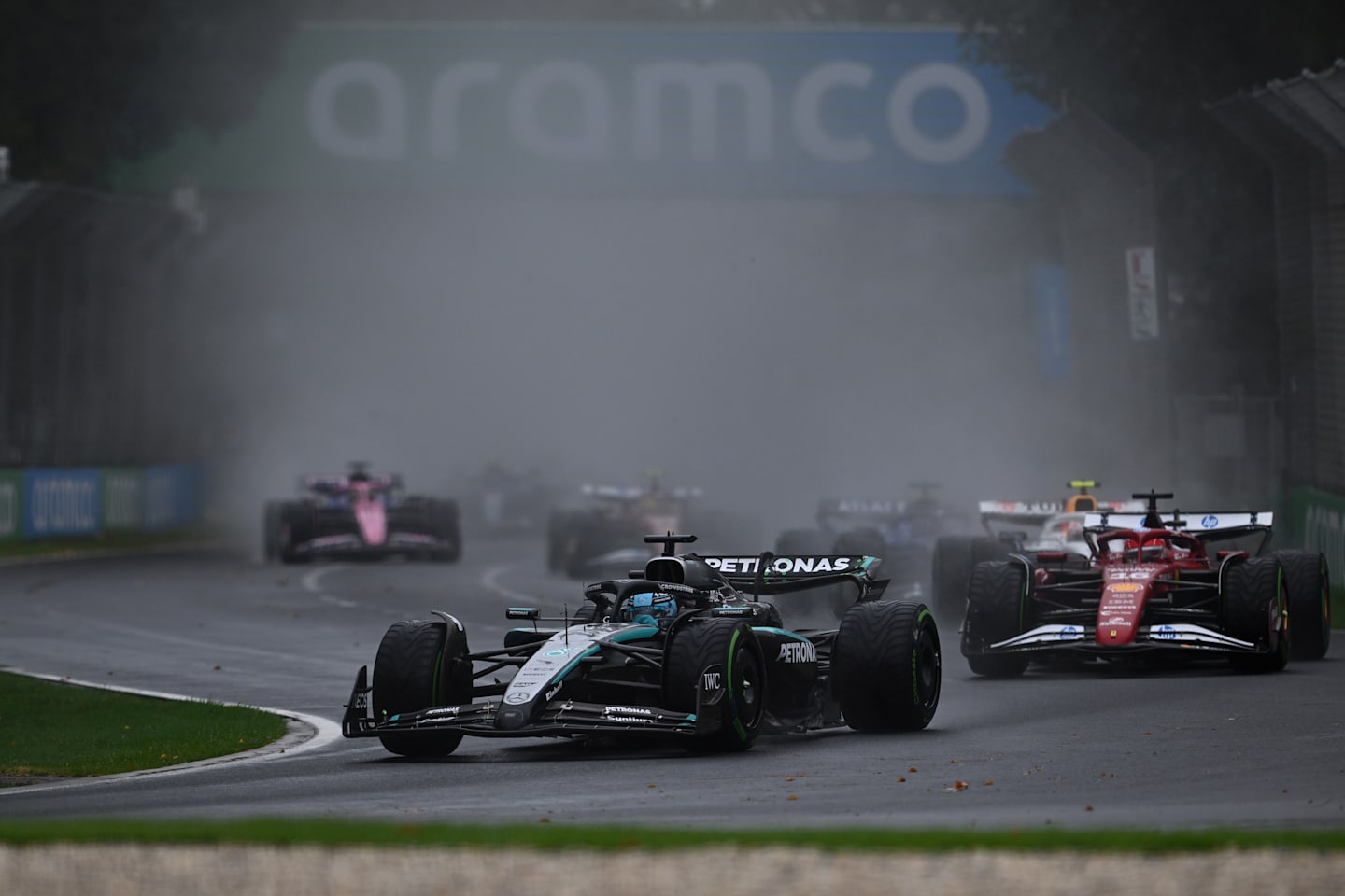MELBOURNE, AUSTRALIA - MARCH 16: George Russell of Great Britain driving the (63) Mercedes AMG