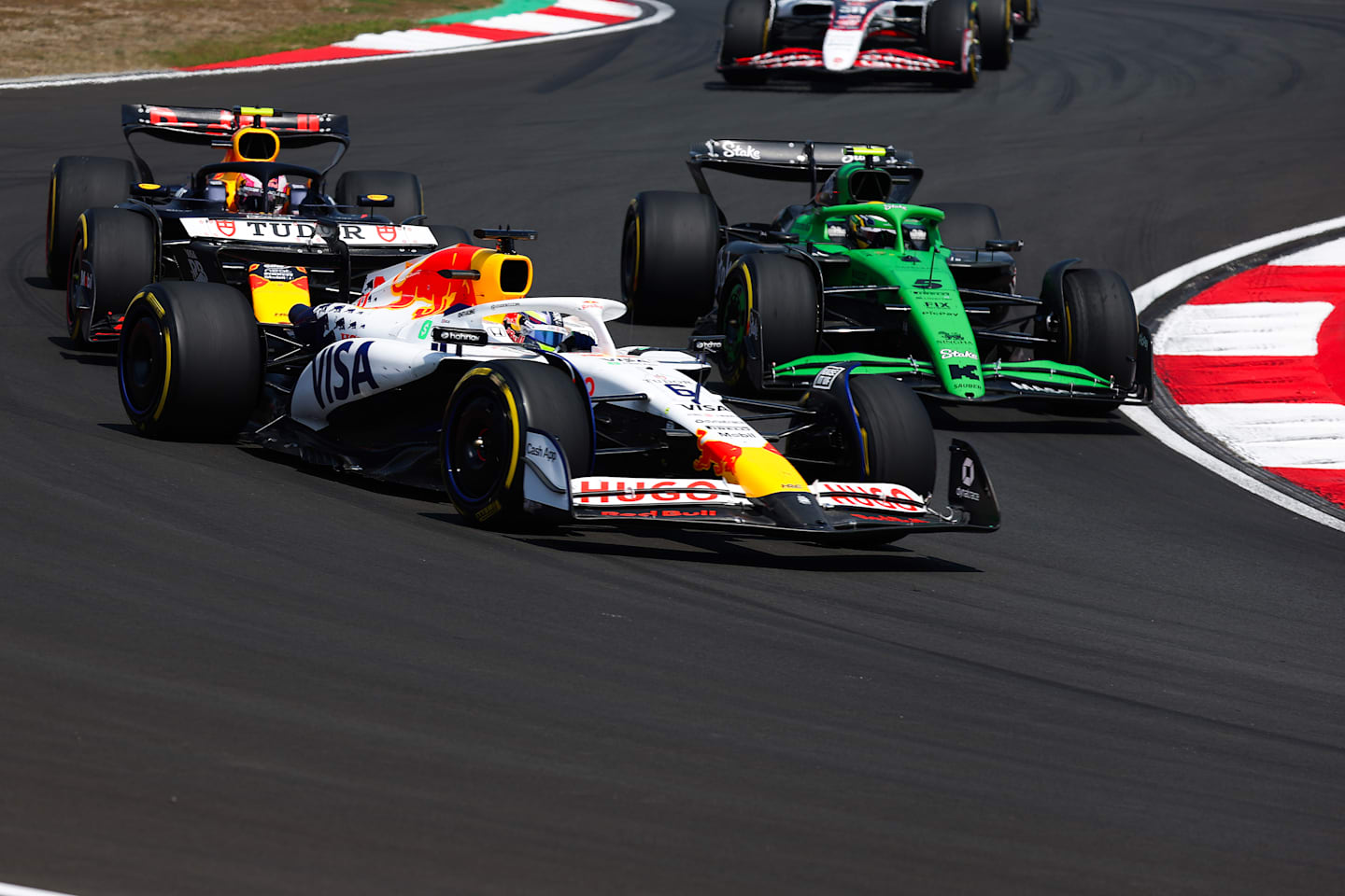 Isack Hadjar leads Gabriel Bortoleto and Liam Lawson on track during the Sprint ahead of the F1 Grand Prix of China at Shanghai International Circuit on March 22, 2025 in Shanghai, China. (Photo by Mark Thompson/Getty Images)
