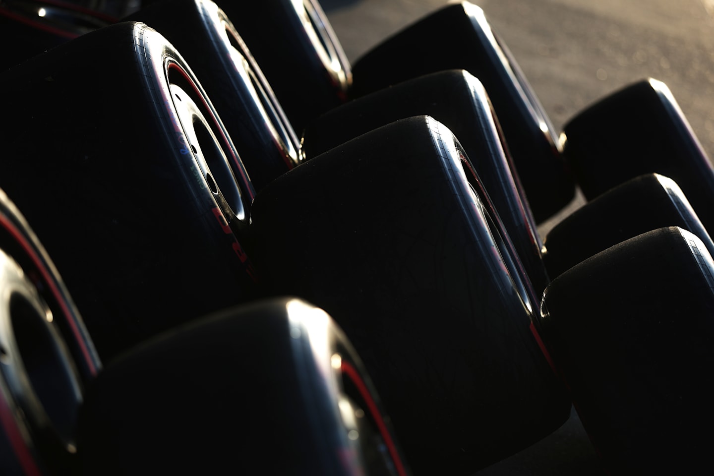 SHANGHAI, CHINA - MARCH 22: Tyres outside the Oracle Red Bull Racing garage during qualifying ahead