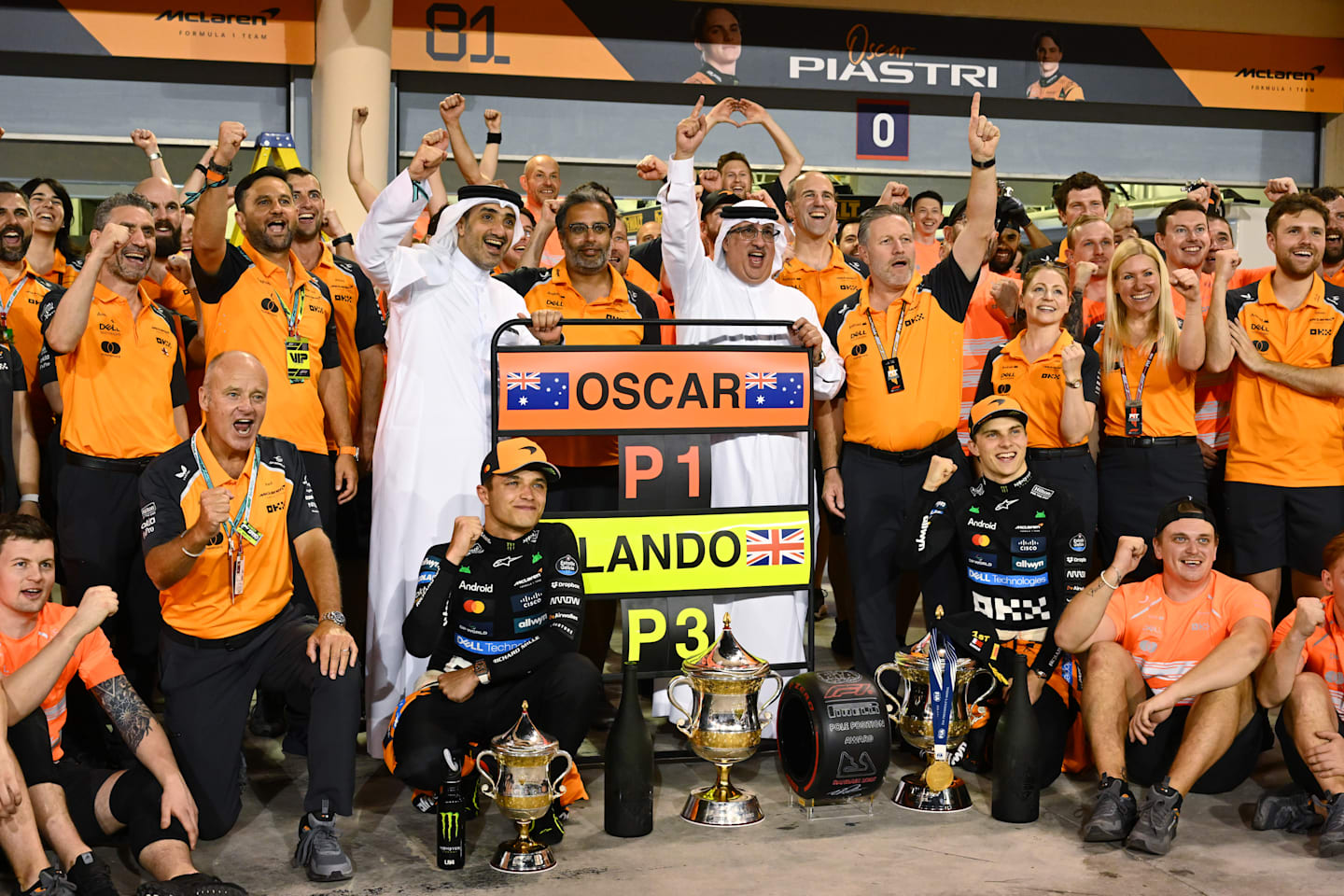 BAHRAIN, BAHRAIN - APRIL 13: Race winner Oscar Piastri of Australia and McLaren and Third placed