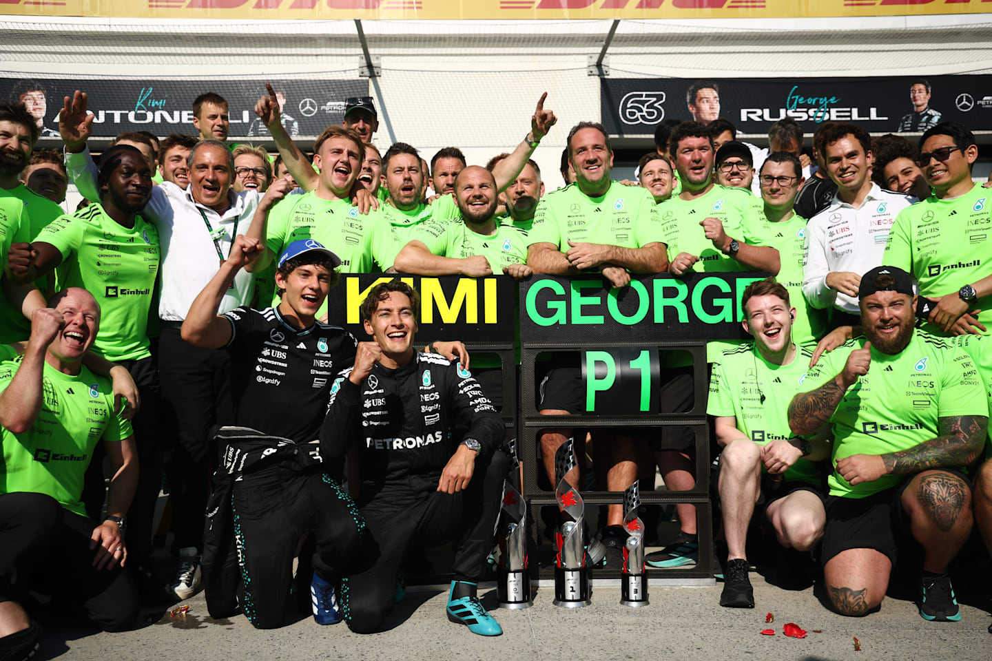 George Russell, Andrea Kimi Antonelli and the Mercedes AMG Petronas F1 Team celebrates during the F1 Grand Prix of Canada at Circuit Gilles-Villeneuve on June 15, 2025 in Montreal, Quebec. (Photo by Jared C. Tilton - Formula 1/Formula 1 via Getty Images)