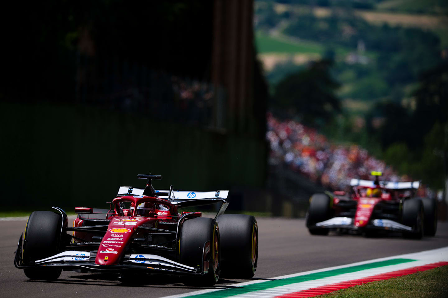 IMOLA, ITALY - MAY 17: Charles Leclerc of Monaco driving the (16) Scuderia Ferrari SF-25 leads