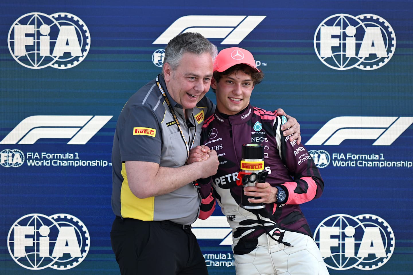 MIAMI, FLORIDA - MAY 02: Sprint Pole qualifier Andrea Kimi Antonelli of Italy and Mercedes AMG