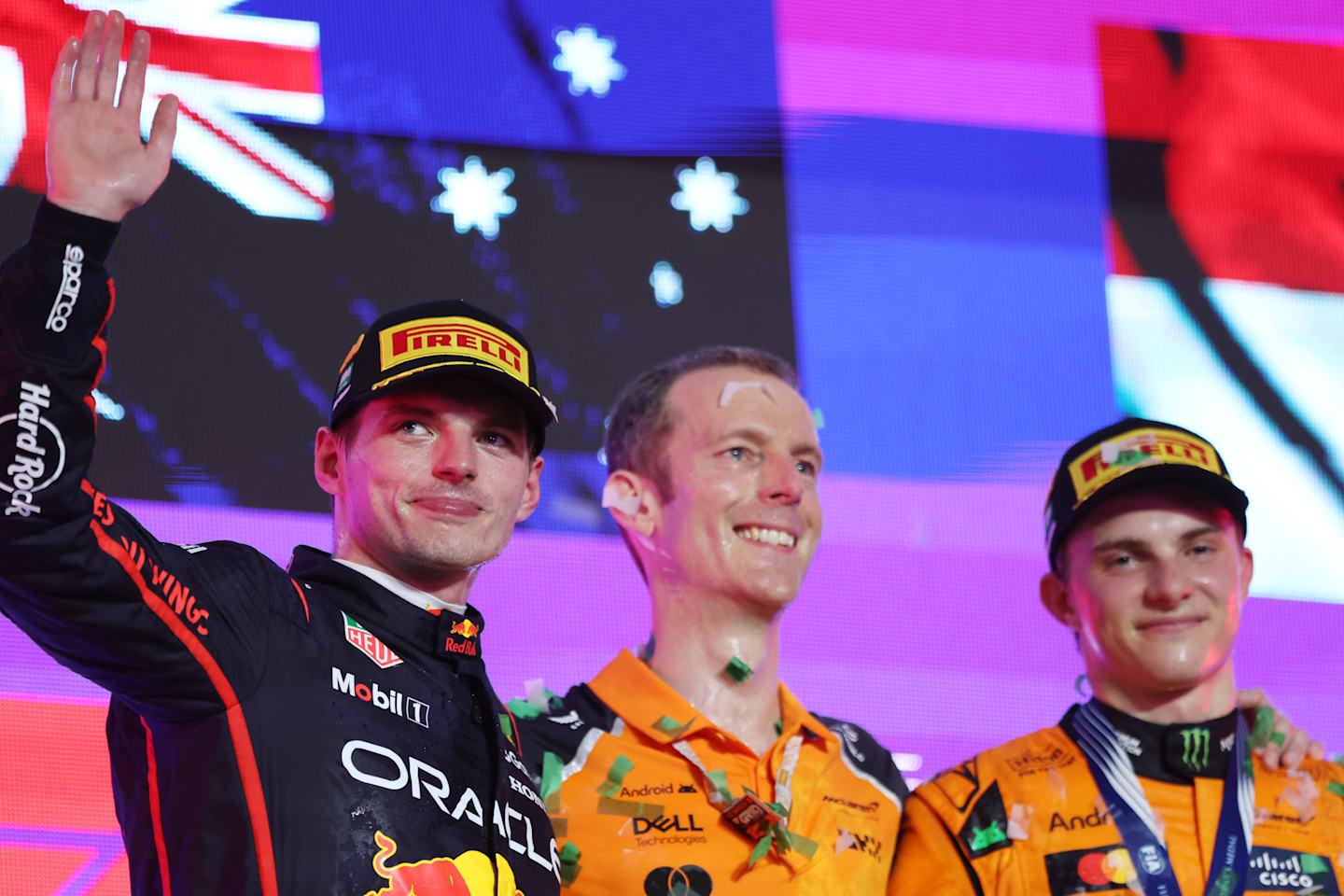 JEDDAH, SAUDI ARABIA - APRIL 20: Second placed Max Verstappen of the Netherlands and Oracle Red