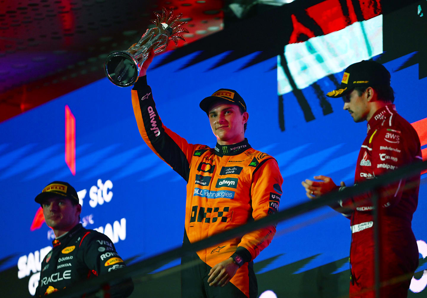 JEDDAH, SAUDI ARABIA - APRIL 20: Race winner Oscar Piastri of Australia and McLaren celebrates on