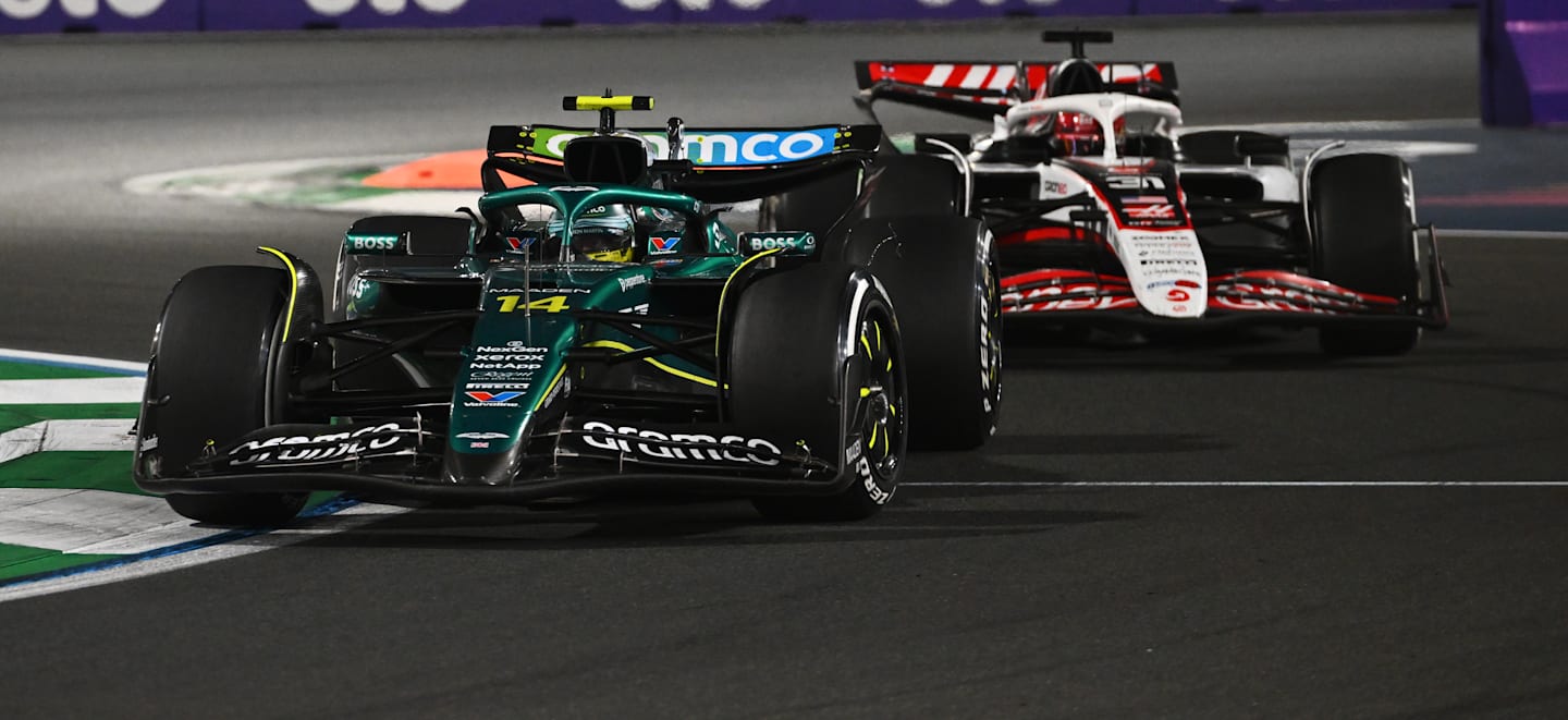 JEDDAH, SAUDI ARABIA - APRIL 20: Fernando Alonso of Spain driving the (14) Aston Martin F1 Team