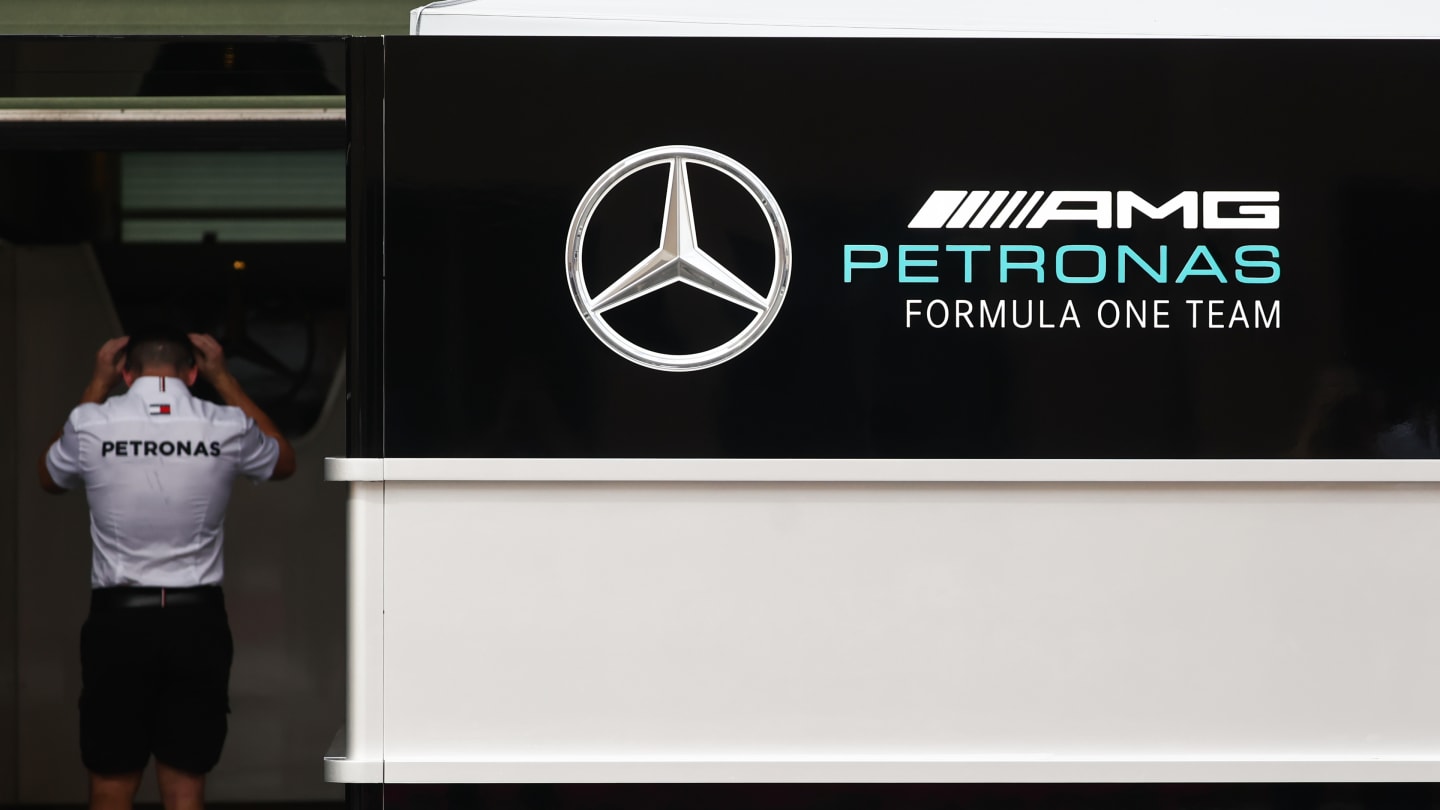 Mercedes team logo is seen in the paddock before the Formula 1 Abu Dhabi Grand Prix at Yas Marina