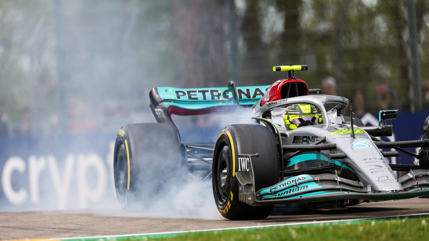 IMOLA, ITALY - APRIL 23: Lewis Hamilton of Mercedes and Great Britain locks u during the sprint