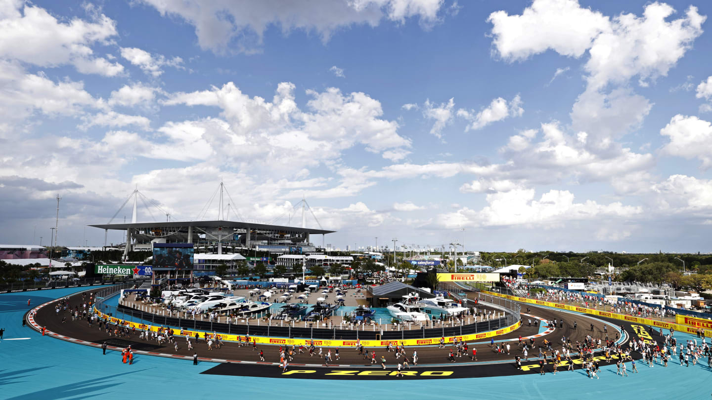 MIAMI, FLORIDA - MAY 08: Fans invade the track after the F1 Grand Prix of Miami at the Miami