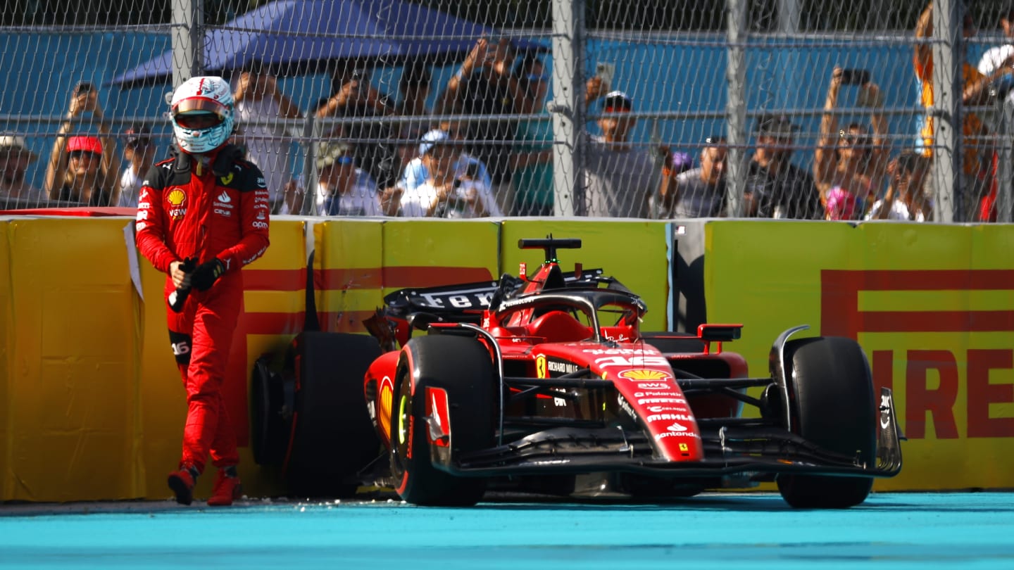 MIAMI, FLORIDA - MAY 06: Charles Leclerc of Monaco and Ferrari walks from his car after crashing