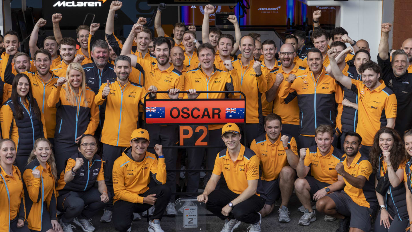Oscar Piastri, McLaren, celebrates his second place in the Saturday Sprint with colleagues,