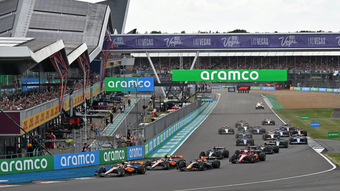 McLaren's British driver Lando Norris leads at the start of the Formula One British Grand Prix at