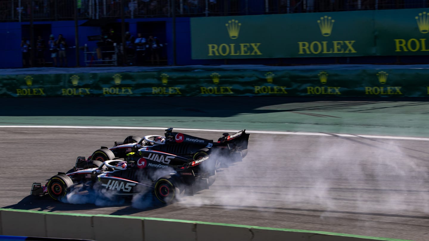 SAO PAULO, BRAZIL - NOVEMBER 4: Haas drivers Kevin Magnussen and Nico Hulkenberg go hed to head at