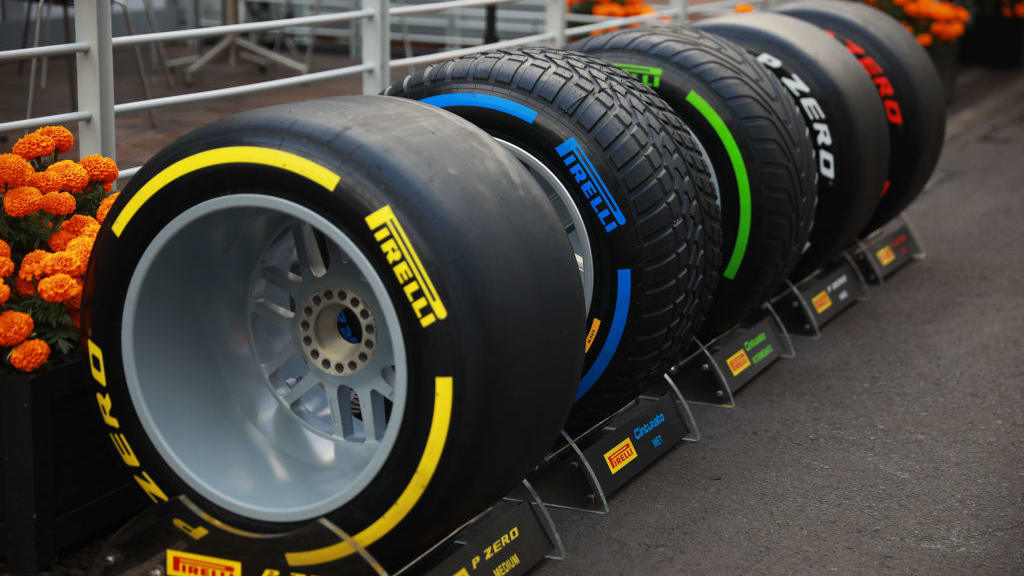 MEXICO CITY, MEXICO - OCTOBER 28: View of Pirelli tires displayed during the third practice session