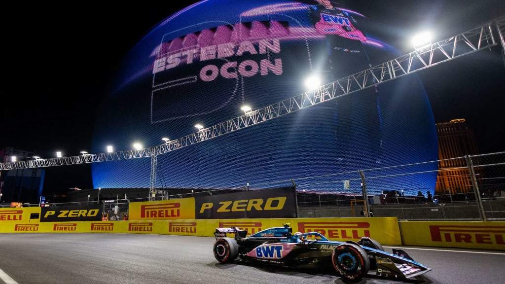 LAS VEGAS, NV - NOVEMBER 17: Alpine driver Pierre Gasly (10) of France drives by the Sphere ad for