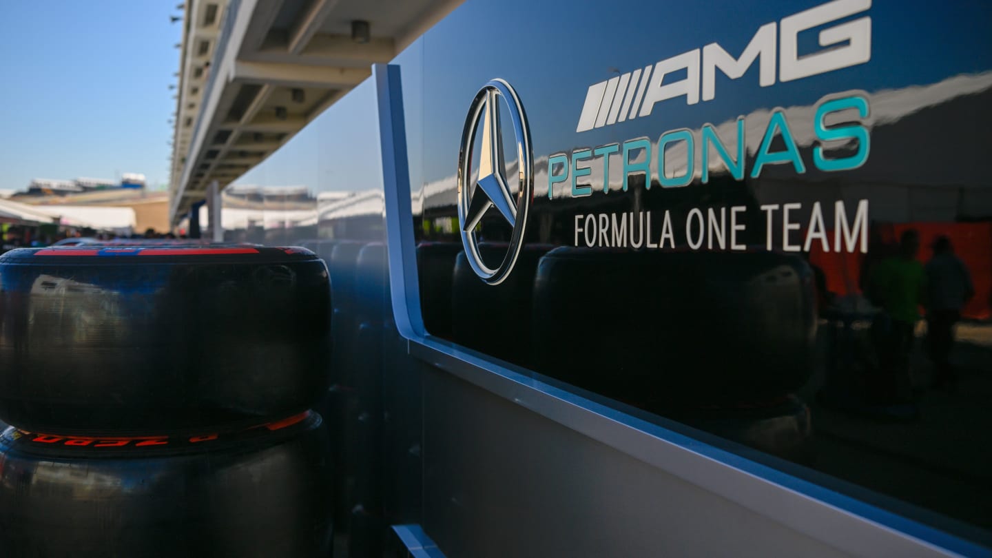 AUSTIN, TX - OCTOBER 20: Mercedes Benz AMG and Pentronas signage near the garage area during F1 US