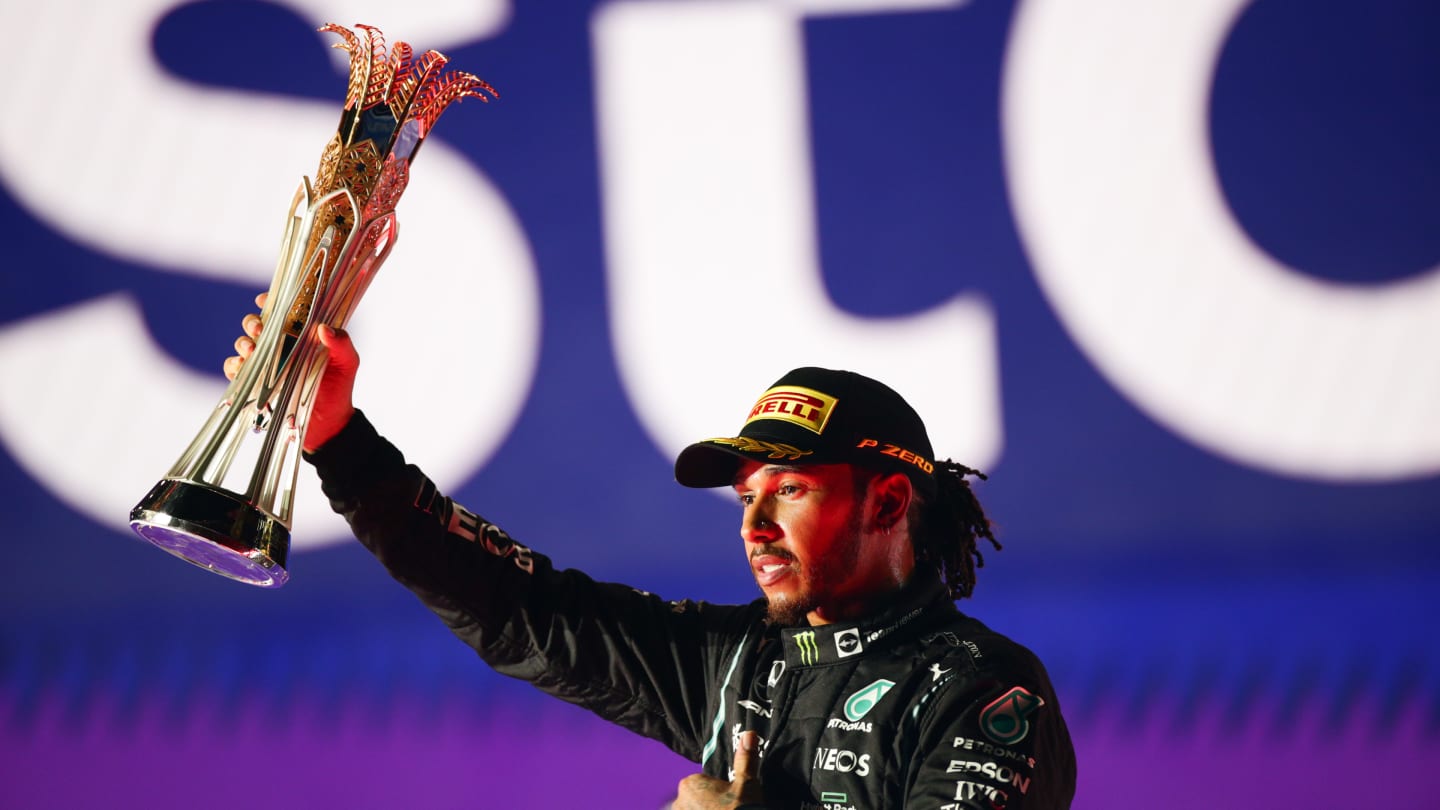 JEDDAH, SAUDI ARABIA - DECEMBER 05: Lewis Hamilton of Mercedes and Great Britain celebrates winning
