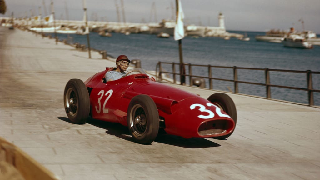 The Monaco Grand Prix; Monte Carlo, May 19, 1957. Juan Manuel Fangio in his Maserati 250F on the