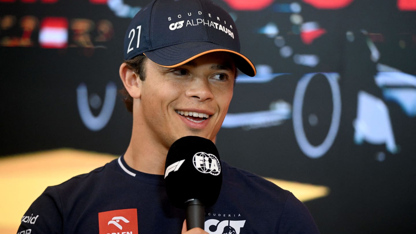Alpha Tauri's Dutch driver Nyck De Vries speaks during a press conference on the Red Bull race