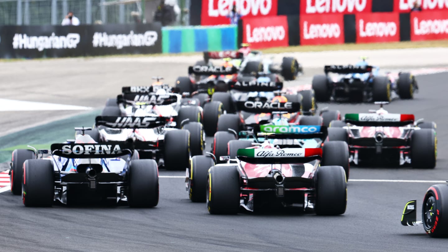 BUDAPEST, HUNGARY - JULY 31: A rear view round turn one at the start during the F1 Grand Prix of